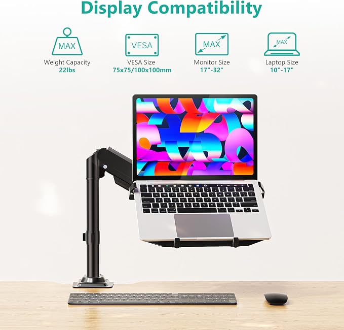 WALI Laptop Desk Mount for 15.6 inch Notebook, Fully Adjustable Single Monitor Arm with Laptop Holder for 32 inch Screen, Laptops Stand with Ventilated Tray, Up to 22 Lbs, (GSDM00LP), Black
