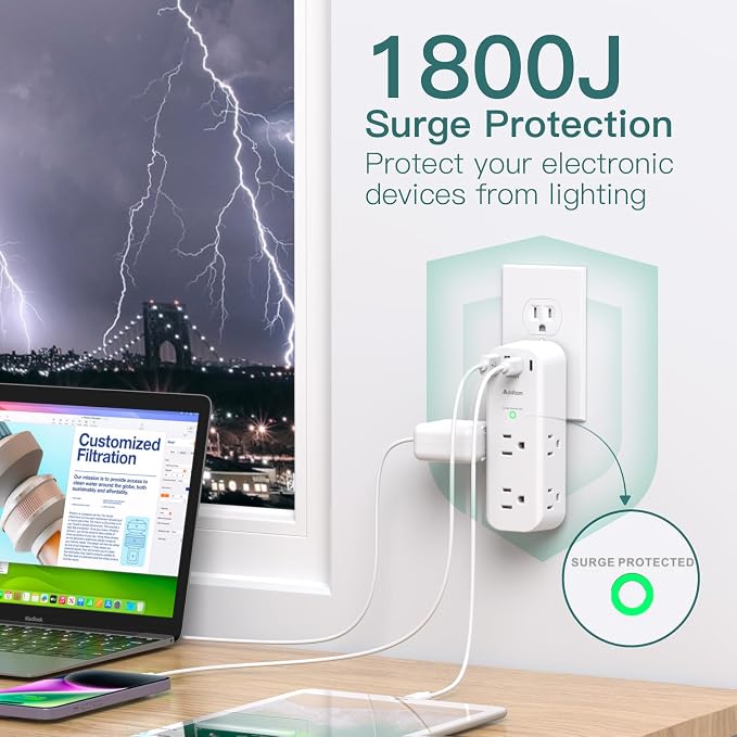 Addtam 30W USB C Outlet Extender Surge Protector, Rotating Plug, 6 AC Outlets Splitter, 4 USB Ports (2 USB-C), 1800J Wall Mount Power Strip, 3-Side Multi Plug for Dorm, Travel Essentials