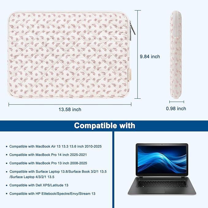 MOSISO Laptop Case 13.3 inch, 13-13.3 inch Puffy Laptop Sleeve Bag Compatible with MacBook Neo/Air 13.6/Pro 13/Pro 14, HP Dell ASUS Lenovo, Elegant Little Blossom Square Quilted Bag&Small Case, Pink
