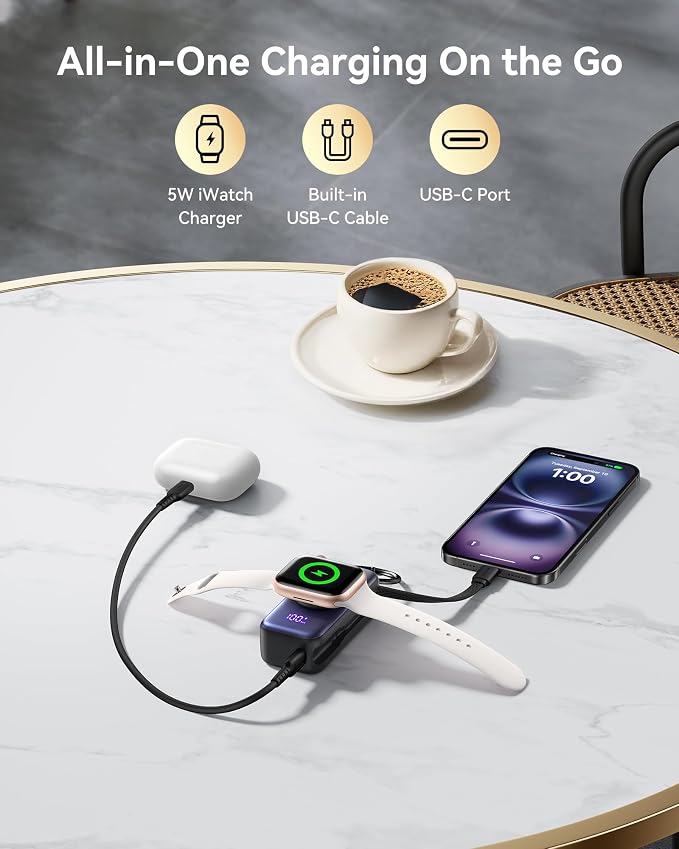 INIU SnapGo Portable Charger, Mini Power Bank for Apple Watch & Phone, 5000mAh 20W Fast Charging Battery Pack with Built-in USB C Cable, Flight-Safe Keychain, for Apple Watch iPhone 17 16 Samsung etc