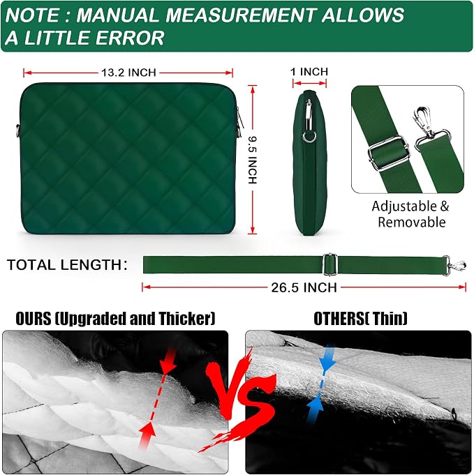 Puffy Quilted Laptop Sleeve with a Removable Shoulder Strap Compatible with MacBook Air 13 inch M2 A2681 M1 A2337 A2179 A1932 2023-2018/Pro 13 M2 M1 A2338 A2251 A2289 A2159 A1989 A1706 A1708