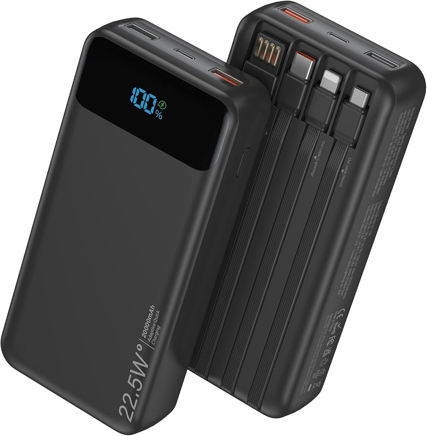 Portable Charger, 20000mAh 22.5W Fast Charging Power Bank with 4 Built-in Cables, Travel Essentials External Battery Pack with LED Display, 6 Outputs Charging Bank for iPhone, iPad, Samsung etc Black