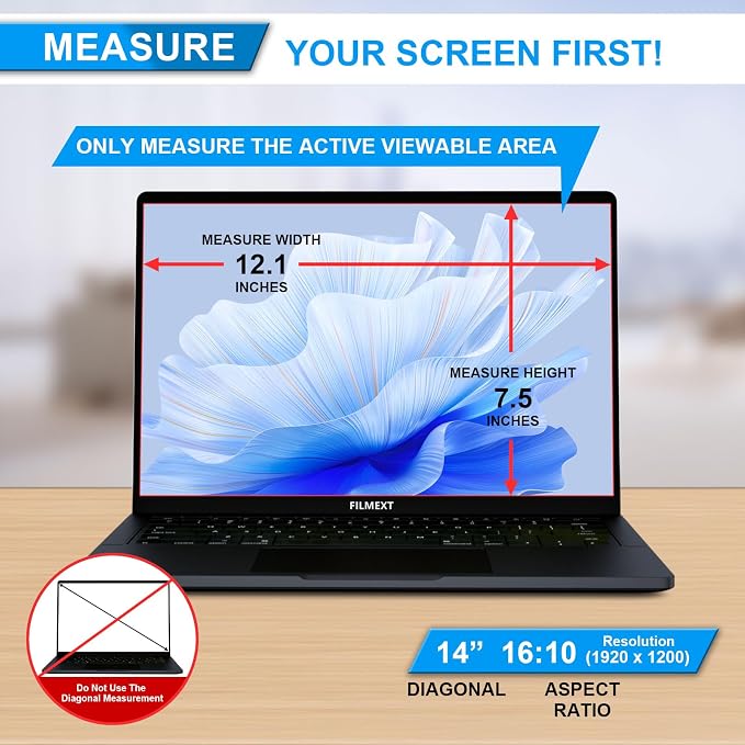 FILMEXT 14 Inch Laptop Privacy Screen Compatible with Lenovo Hp Dell Acer Asus Thinkpad Envy Xps -16:10 Aspect Ratio, Removable computer laptop privacy screen filter anti-blue light Anti Spy Shield