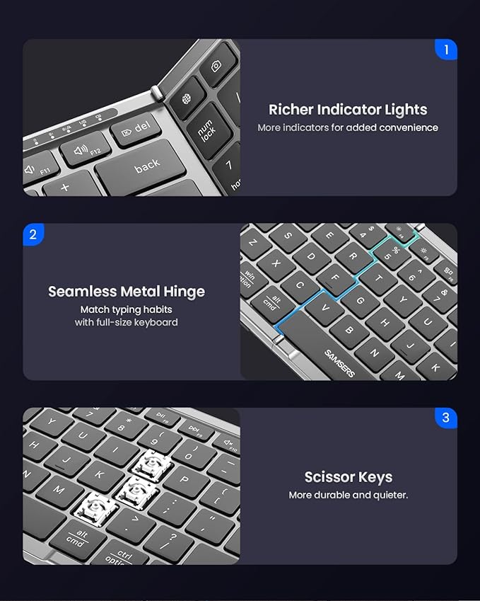 Foldable Keyboard and Mouse, Samsers Folding Bluetooth Keyboard Combo, 2.4G + BT5.0 x 2, Full-Size Portable Travel Keyboard & Rechargeable Wireless Mouse for Windows Android iOS Mac OS, Gray Black