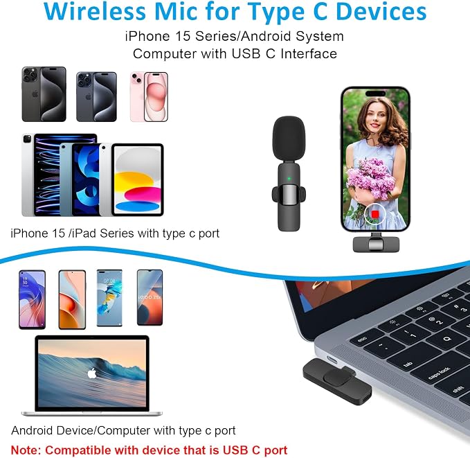 MAYBESTA Wireless Lavalier Lapel Microphone for iPhone Android - Bluetooth Mini Phone Microphones for Video Recording - 2 Clip on Mics with USB C Interface for Tiktok YouTube Vlog(Dark Black)