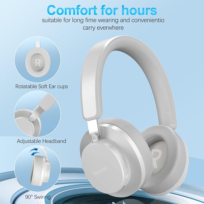 Noise Cancelling Headphones Wireless Bluetooth, Over Ear Headphone Bluetooth with Microphone, Cancelling Wireless Headphones Over Ear, 65h Playtime, Clear Calls, Comfort Fit for Travel (Grey)