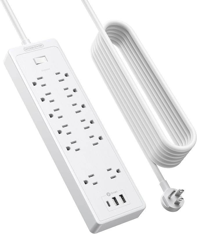 25Ft Extension Cord, NTONPOWER Long Cord Power Strip with 12 Outlet 3 USB(1 USB C), 2100 Joules, 1875W/15A, Overload Protection, Wall Mount for Home Office, Workbench, Garage, White