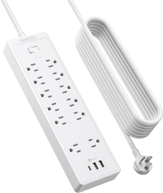 25Ft Extension Cord, NTONPOWER Long Cord Power Strip with 12 Outlet 3 USB(1 USB C), 2100 Joules, 1875W/15A, Overload Protection, Wall Mount for Home Office, Workbench, Garage, White