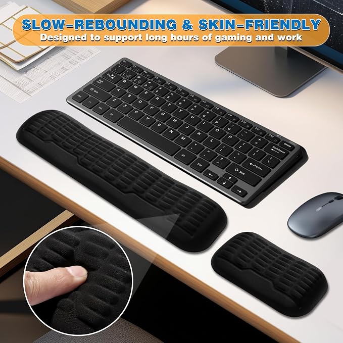 UnivoColors Memory Foam Keyboard Wrist Rest,Latest 3.0 Wave Curve Design,High-Resilience Memory Foam Non-Slip Base,Fits Compact Keyboards,Ideal for Work and Gaming(Black)