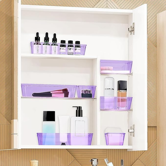 StorMiracle 23 PCS Drawer Organizer Set, 5 Varied Size Bathroom and kitchen Drawer cabinet organizer Trays, Clear Storage Bins for Makeup, Jewelry, Utensils and Gadgets, Purple