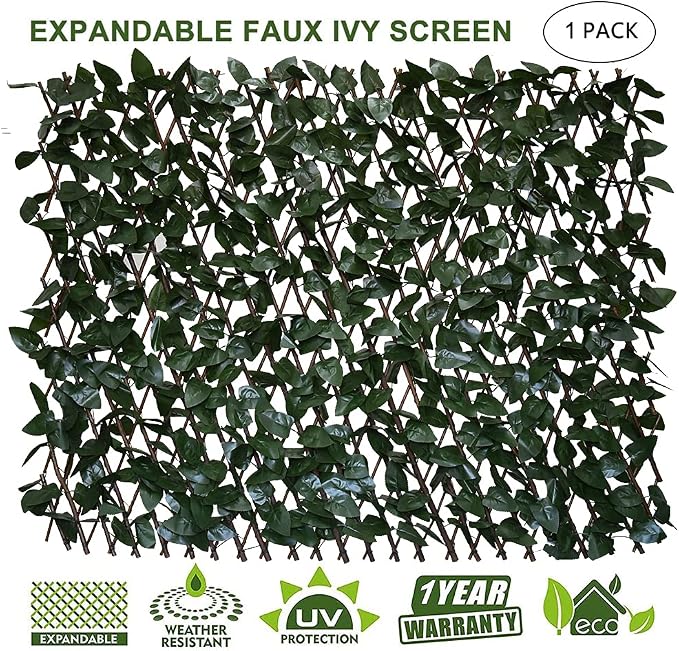 GLANT Expandable Fence Privacy Screen for Balcony Patio Outdoor,Decorative Faux Ivy Fencing Panel,Artificial Hedges (Single Sided Leaves) (1, Dark Green)