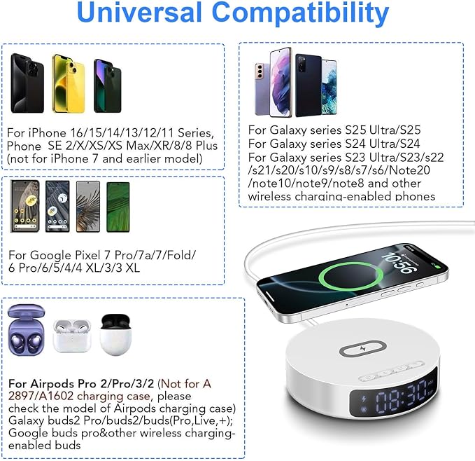 Fast Wireless Charger with Alarm Clock,20W Max Wireless Charging Pad Compatible with iPhone 17/17 Pro/16/15/14/13/12/SE;Wireless Charge Mat for Samsung Galaxy S25/S24/Note,Pixel/LG (White pad)