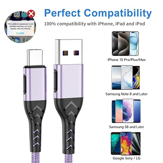 Durcord USB Type C Cable, 2Pack 3ft USB A to USB C Cable 3 Feet USB Type C Cord Cable for Android Phone Pad Laptop, 10 Foot Type C Charger Premium Nylon Braided USB Cable -Light Purple