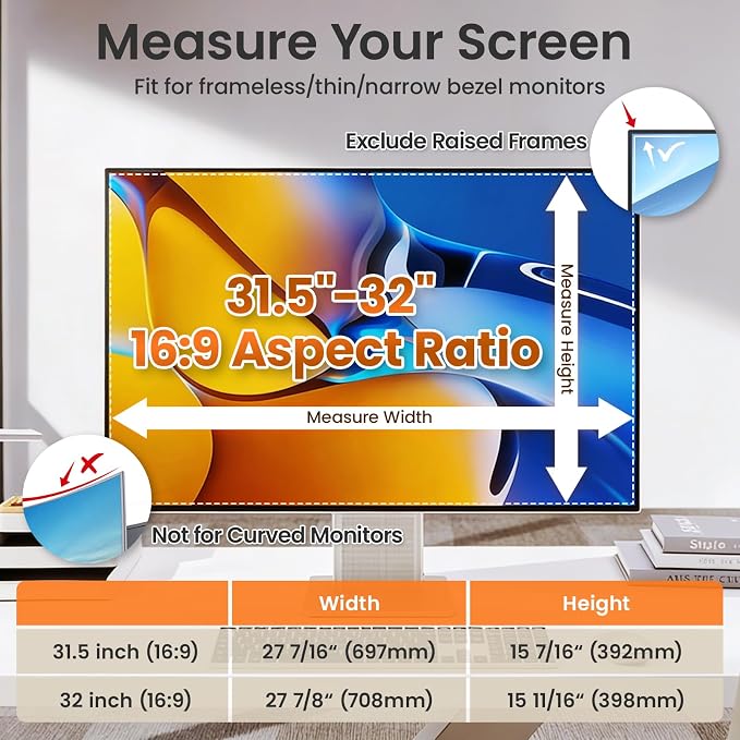 Magnetic Privacy Screen Filter for 32 Inch Computer Monitor 16:9 Aspect Ratio, Removable Hanging Privacy Screen Shield Eye Protection, 32in Anti Blue Light Filter, Anti-Glare Protector