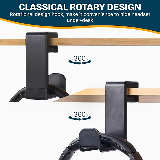 Headphone Stand for Desk - Clamp On Headset Holder with 360° Rotation & Cable Management - Universal Desktop Headphone Hanger Hook for All Headsets