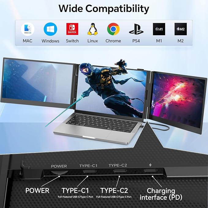 POTTMACEE 14.2’’ Triple Laptop Screen Extender, 0.17" Ultra-Slim FHD 1080P Portable Monitor for Laptop, Tri-Screen Travel Monitor Extender, Plug-Play for Windows/Mac/Chrome, Fit 13”-17.3” Laptops