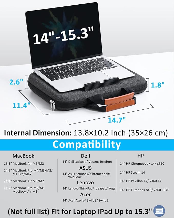 Hard Laptop Case 14 Inch for HP Dell Lenovo ASUS Acer - 2 in 1 Laptop Sleeve & Lap Desk with Stopper and Book Clip, Shockproof Waterproof 15.3 MackBook Air M3 M2 Case - Black