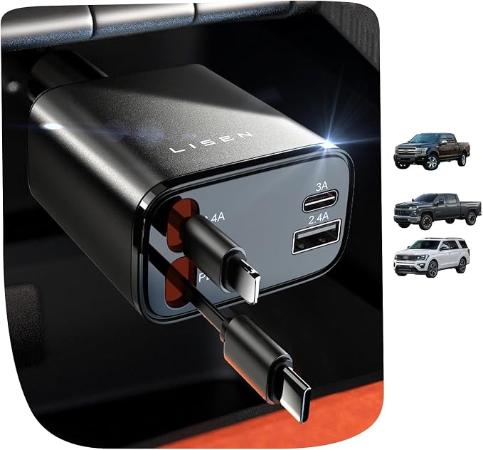 LISEN Retractable Car Charger, [2026 Upgrade 47.24 inch ] Long 4 in 1 Retractable Cable Car Charger, USB C Car Charger Fast Charging for iPhone 17 16 15 14 13 12 11 X Pro Max Plus Mini, Samsung S26