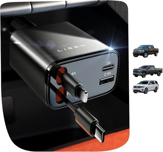LISEN Retractable Car Charger, [2026 Upgrade 47.24 inch ] Long 4 in 1 Retractable Cable Car Charger, USB C Car Charger Fast Charging for iPhone 17 16 15 14 13 12 11 X Pro Max Plus Mini, Samsung S26