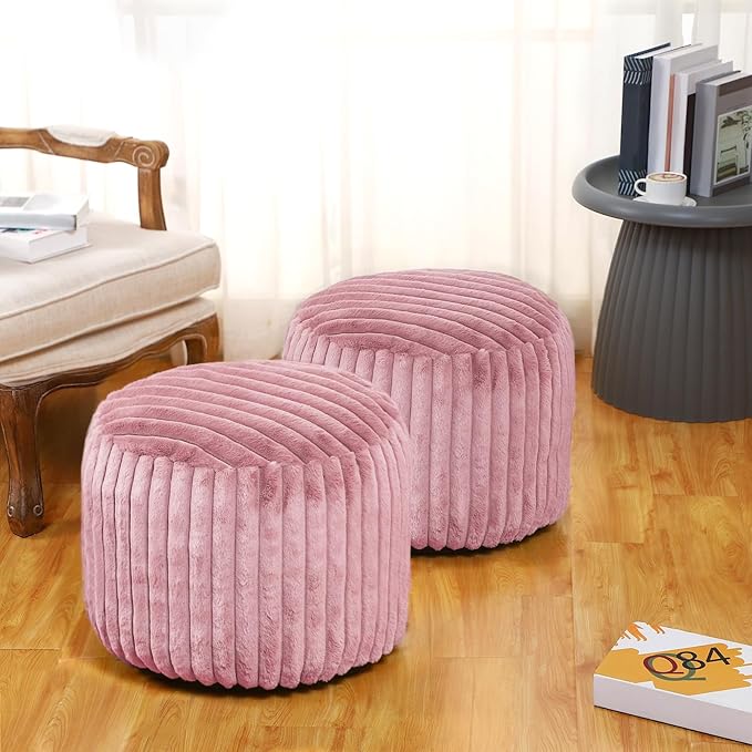 Teenyyou 2 Pcs 20 x 15 Inch Unstuffed Pouf Cover Ottoman Foot Rest - No Filler, Faux Rabbit Fur Foot Stool Floor Bean Bag Floor Chair Storage for Living Room Bedroom Home Decor(Pink)