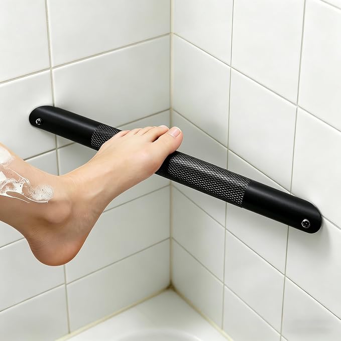 Shower Foot Rest Bar– Stainless Steel Shower Foot Rest for Shaving Legs with Non-Slip Grip, Space-Saving & disassembly Design for Bathroom– Black