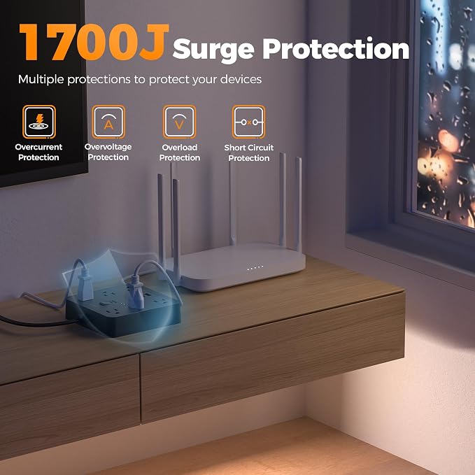 TESSAN 15Ft Black Extension Cord with Multiple Outlets, Surge Protector Power Strip with 6 Outlets and 3 USB Ports (1 USB C), 1700 Joules Protection, Flat Plug, Outlet Extender for Home, Office, Dorm