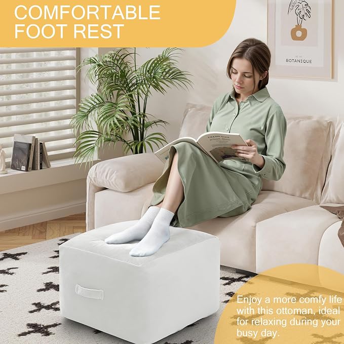 MeMoreCool Square Stuffed Pouf Ottoman Foot Rest, Floor Pouf Foot Stool with Foam Chunk Filling, Soft Stuffed Ottoman Footrest for Living Room, Off-White