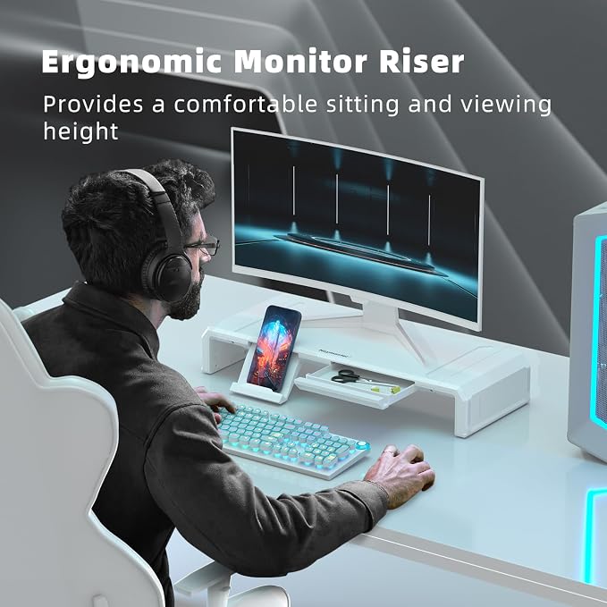 Heymaster Monitor Stand Riser with Drawer, Foldable & Adjustable Length Computer Stand with Phone & Tablet Holder, Space Saving Desk Organizer Shelf for Home Office, Laptop, Desktop