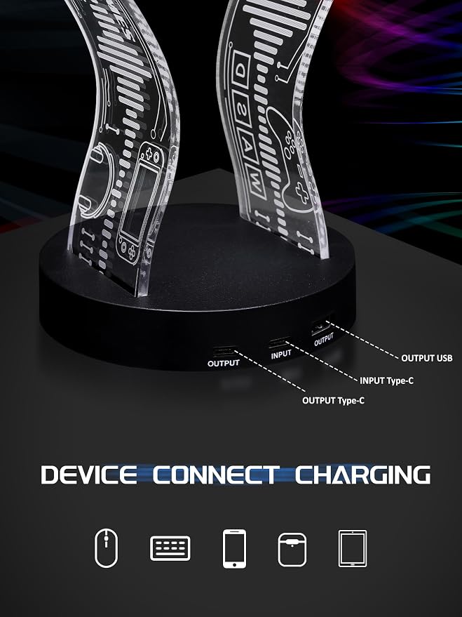 CoolGift Mart Light Up Headphone Stand with 16 Color Lights, Game Pattern Acrylic Headset Stand with 1 USB and 1 Type-C Charging Ports, Gifts for Gamers Men and Music Lovers