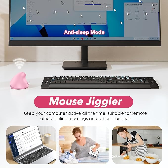 Left Handed Ergonomic Mouse Jiggler,Vertical Wireless & Rechargeable,2.4G USB Carpal Tunnel Lefty Mice with Undetectable Random Movement Keeps PC Laptop Awake-Pink