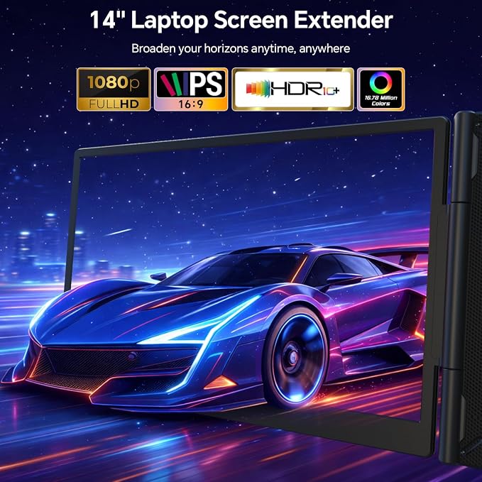 Laptop Screen Extender, 14" Ultra-Slim Triple Portable Monitor, 1080P FHD IPS Display, USB-C/HDMI Plug & Play, Monitor Extender for 13-17.3" Laptops, Mac/Windows/Chrome