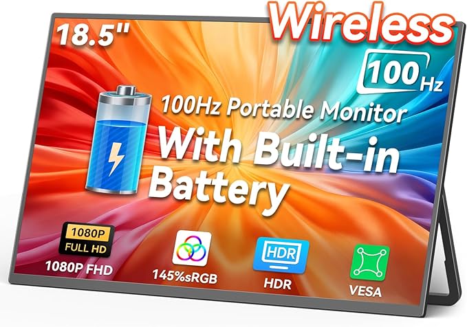HotYeah 18.5" 100Hz Wireless Portable Monitor w/Rechargeable 10000 mAh Battery, Support AirPlay Miracast, 1080P IPS Monitor USB-C HDMI External Display, 2nd Screen for Laptop MacBook PC Phone Tablet