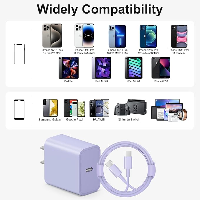 iPhone 17 16 15 Charger Fast Charging 6FT - 20W USB C Charger Block with 6FT Type C to C Cable Compatible with iPhone 17/17 Pro/17 Pro Max/Air/16/16e/15, iPad Pro, iPad Air (Purple)