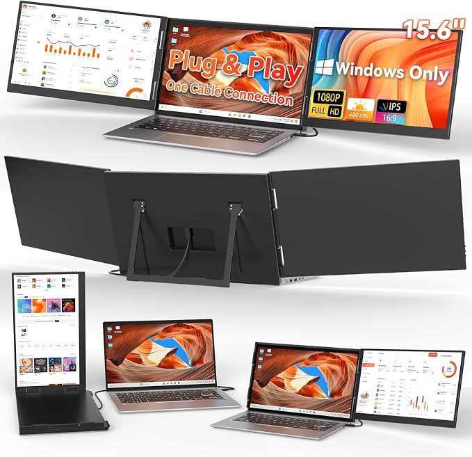 HotYeah Laptop Screen Extender (Windows Only), 15.6" 1080P Dual Extended Monitor, USB-C Travel Screen for 12-17" Laptop, Triple Portable Monitor w/Kickstand & 240° Rotation, One Cable Connection