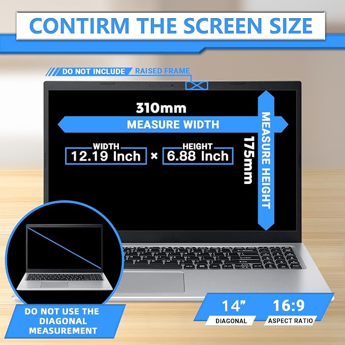 ZOEGAA Magnetic Laptop Privacy Screen 14 Inch 16:9, for HP Dell Acer Asus Samsung Lenovo Thinkpad, Removable Privacy Screen Laptop, Anti Spy, Anti Glare, Blue Ray Reduction