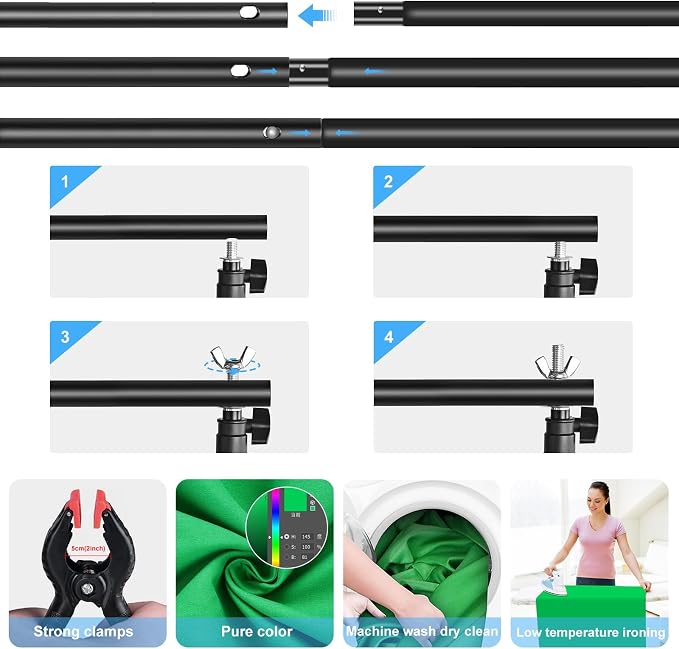 PULUZ Photo Background Support System with 9.5x6.5ft/300x200cm Backdrop Stand Kit, Portable greenscreen Background and Blue Red Backdrop for Photography, Video Shooting, Live Streaming, Party