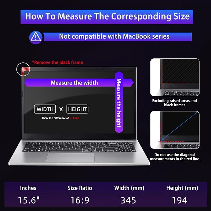 15.6" Privacy Screen Computer for 16:9 Aspect Ratio, 2-Sided Removable Anti-Peeping/Anti-Glare, Blue Light Block, UV Protect, Reduce Strain, Anti-Scratch, Fits 15.6-inch 16:9 Protector Film