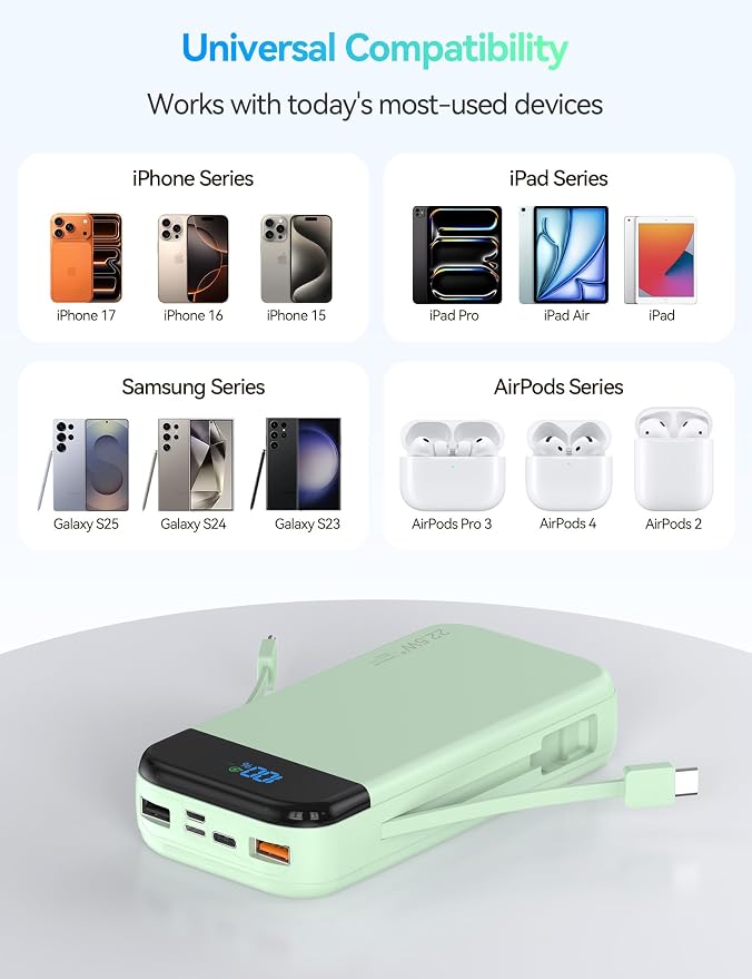 Portable Charger Power Bank 32000mAh with Built in Cables, PD3.0 USB C Fast Phone Charger, 5 Outputs LCD Display Travel Battery Pack Compatible with iPhone, Samsung All Cell Phones (Green)