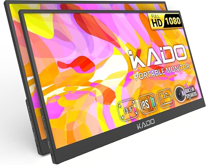 Kado Portable Monitor 2-Pack 15.6-Inch FHD 1080p, 45W Reverse Charging 1920x1080 USB-C HDMI Gaming IPS Display Built-in Speakers, Second Display Kickstand for Laptop PC Phone Mac Xbox PS4/PS5 Switch