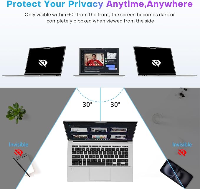 OMOTON Magnetic Laptop Privacy Screen 13.3 Inch 16:9, Anti-Spy Filter, Matte Anti Glare Blue Light Protector, Easy Install & Remove