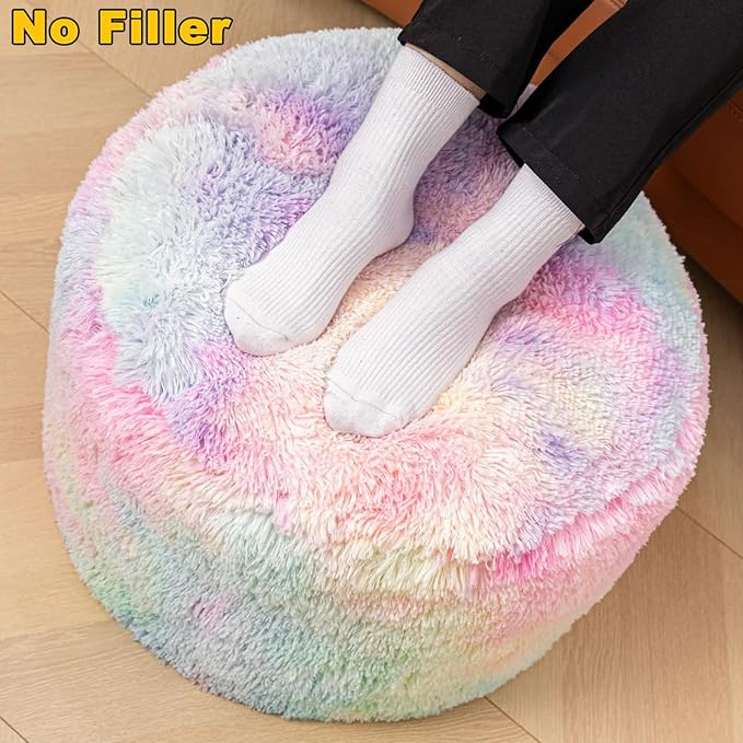 Asuprui Pouf Ottoman Unstuffed Round Bean Bag Poof Ottoman Seat Soft Faux Fur Footrest Stool 20x20x12 Inches Fuzzy Chair Floor Chair Foot Rest with Storage for Living Room Bedroom Rainbow Pouf Cover