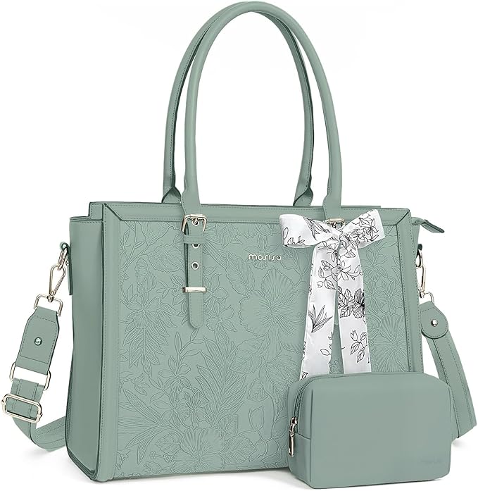 MOSISO Laptop Bag for Women, 15.6-16 inch PU Leather Tote Bag Compatible with MacBook, HP, Dell, Asus Notebook, Front Embossed Retro Hibiscus Computer Bags with Silk Scarf&Clutch Purse, Antique Green