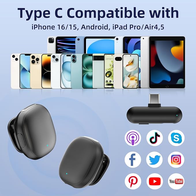 NPTCL Wireless Microphone for iPhone 17 16 15 - AI Noise Cancelling Mini Lavalier Mic USB C for Android Phone with 35H Charging Case for Video Recording Vlogging YouTube TikTok