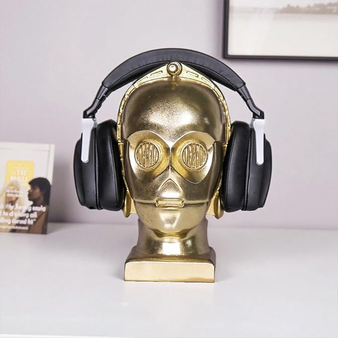 Home Decor Office Living Room Decor Robot Head Headphone Stand, Gold Metallic Finish, 10.63 x 7.09 x 5.91 inches, Decorative Display Holder for Gaming Headsets