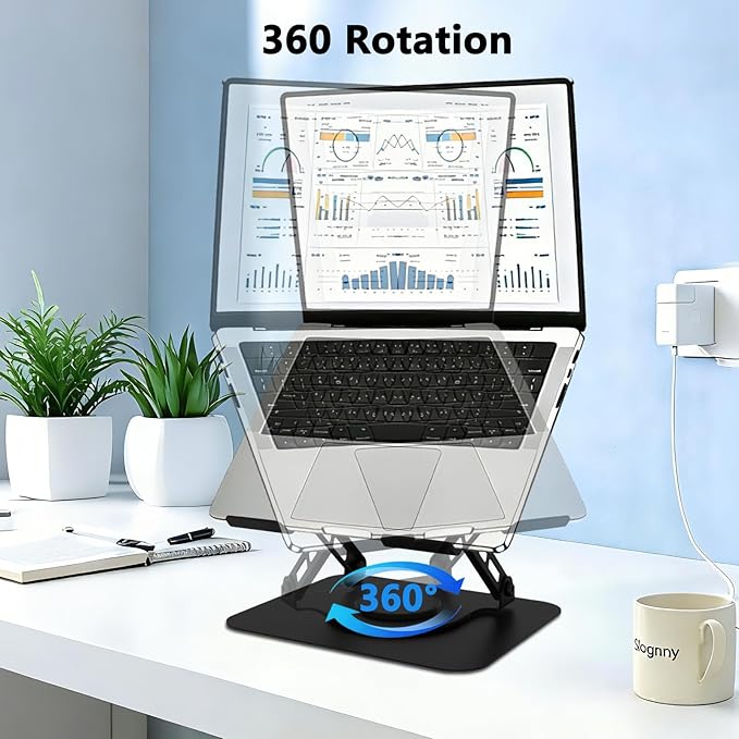 360 Rotation Laptop Stand, Multi-Angle Adjustable Laptop Holder Riser Stable Base Fully Foldable Easy to Storage and Portable Fit for MacBook Pro/Air HP 14 All Under 16” Devices (Black)