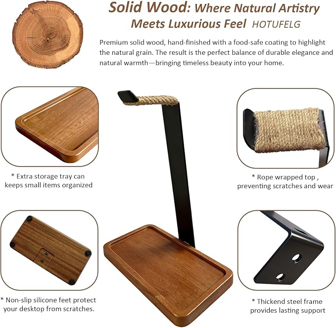 2-in-1 Solid Wood Headphone Stand Universal Headphones Holder with Storage Base Heavy Duty Solid Wood Gaming Headset Hanger for Study Rooms,Game Space,Desk,Office,Vintage Gift for Men(Rope Wrapped Top)