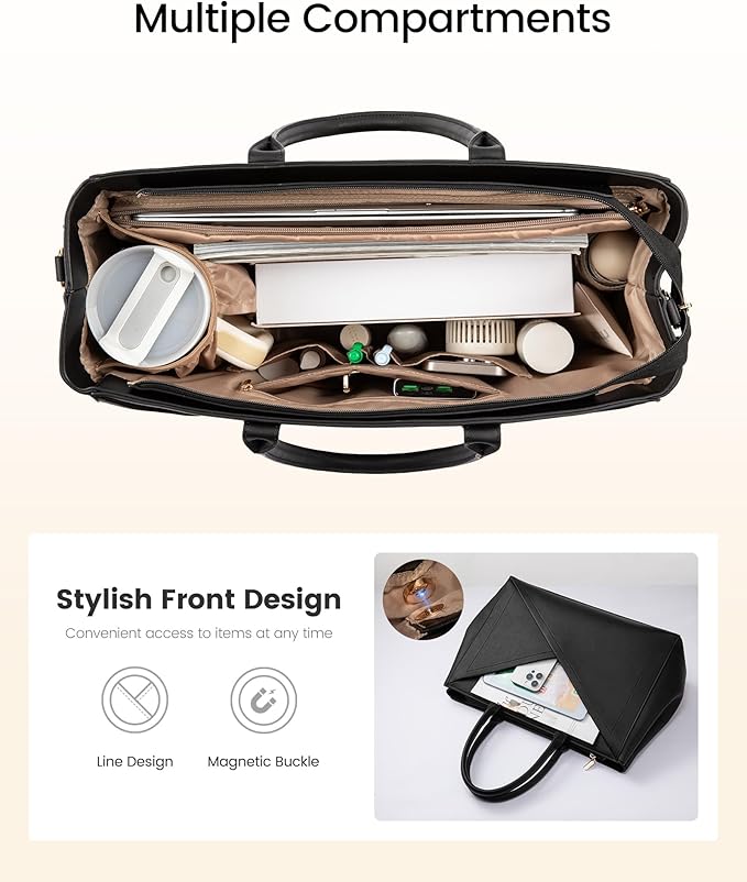 LOVEVOOK Laptop Tote Bag for Women with Large Cup Holder, 16 Inch PU Leather Work Bag Teacher Tote Bag, Waterproof Computer Bags Business Office Briefcase Handbag