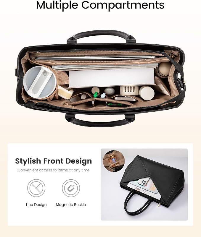LOVEVOOK Laptop Tote Bag for Women with Large Cup Holder, 16 Inch PU Leather Work Bag Teacher Tote Bag, Waterproof Computer Bags Business Office Briefcase Handbag