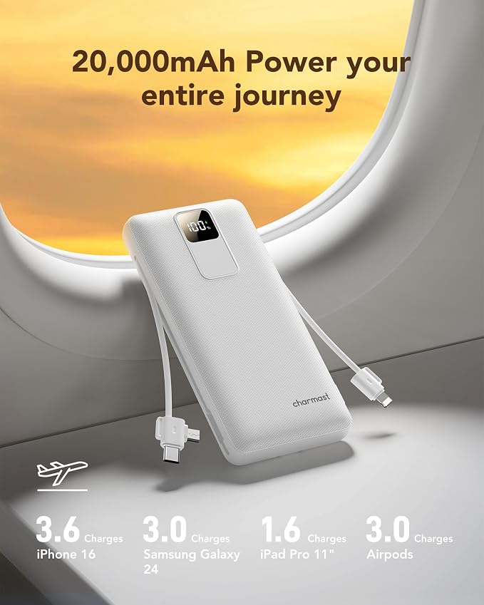 charmast Portable Charger with Built-in Wall Plug and Cables, 20000mAh Power Bank Travel Essentials, 20W Fast Charging Battery Pack Compatible with iPhone 17/16/15/14/13/12/11, Samsung, Android