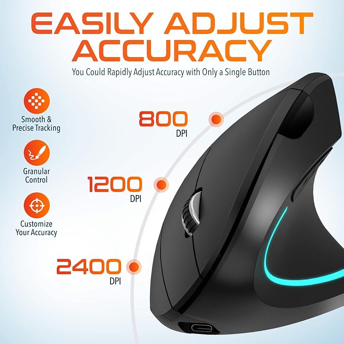 Delton Ergonomic Vertical Rechargeable Wireless Mouse with Auto Pair USB Dongle, 6 Buttons, 3 Adjustable DPI Levels (800/1200/2400), Compatible for PC, Laptop, Mac, Chromebook - Black